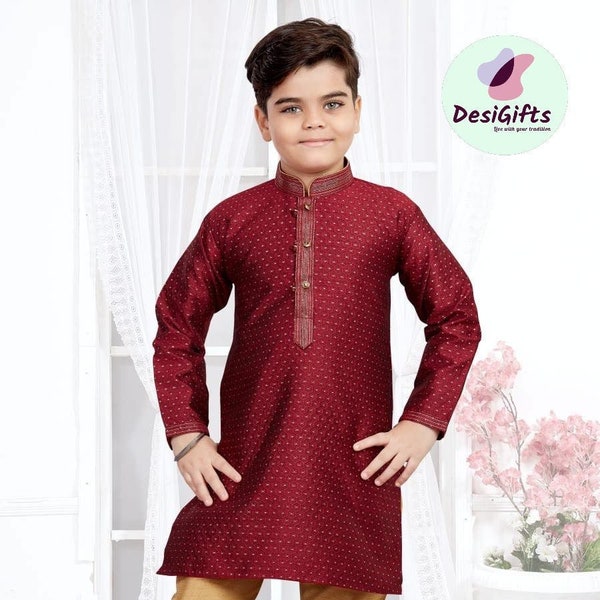 Rose Maroon Boy's Cotton Silk Kurta Pajama, Indian Ethnic outfit for Boy - BOY-1282