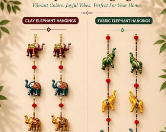 May include: Image of decorative elephant hangings in vibrant colours. The image shows two sets of elephant hangings, one clay and one fabric, with various colours and patterns. Each hanging has multiple elephant figures.