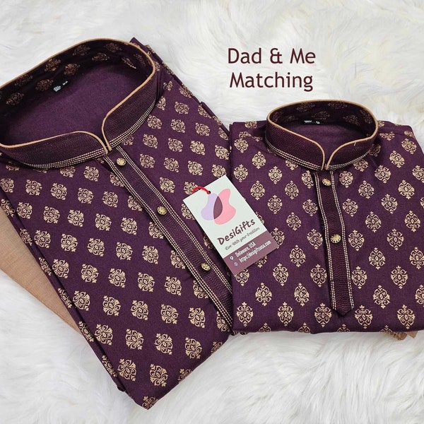 Wine Shade 2 Piece Soft Cotton Silk Kurta Pajama Set with Golden Work, Father & Son's Outfit, DM -1136