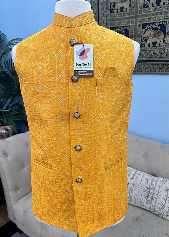 Yellow Shade Jacket Waistcoat Sadri for Man With Beautiful Embroidery Sequins Nehru Jacket Man s Jacket 1453 Etsy