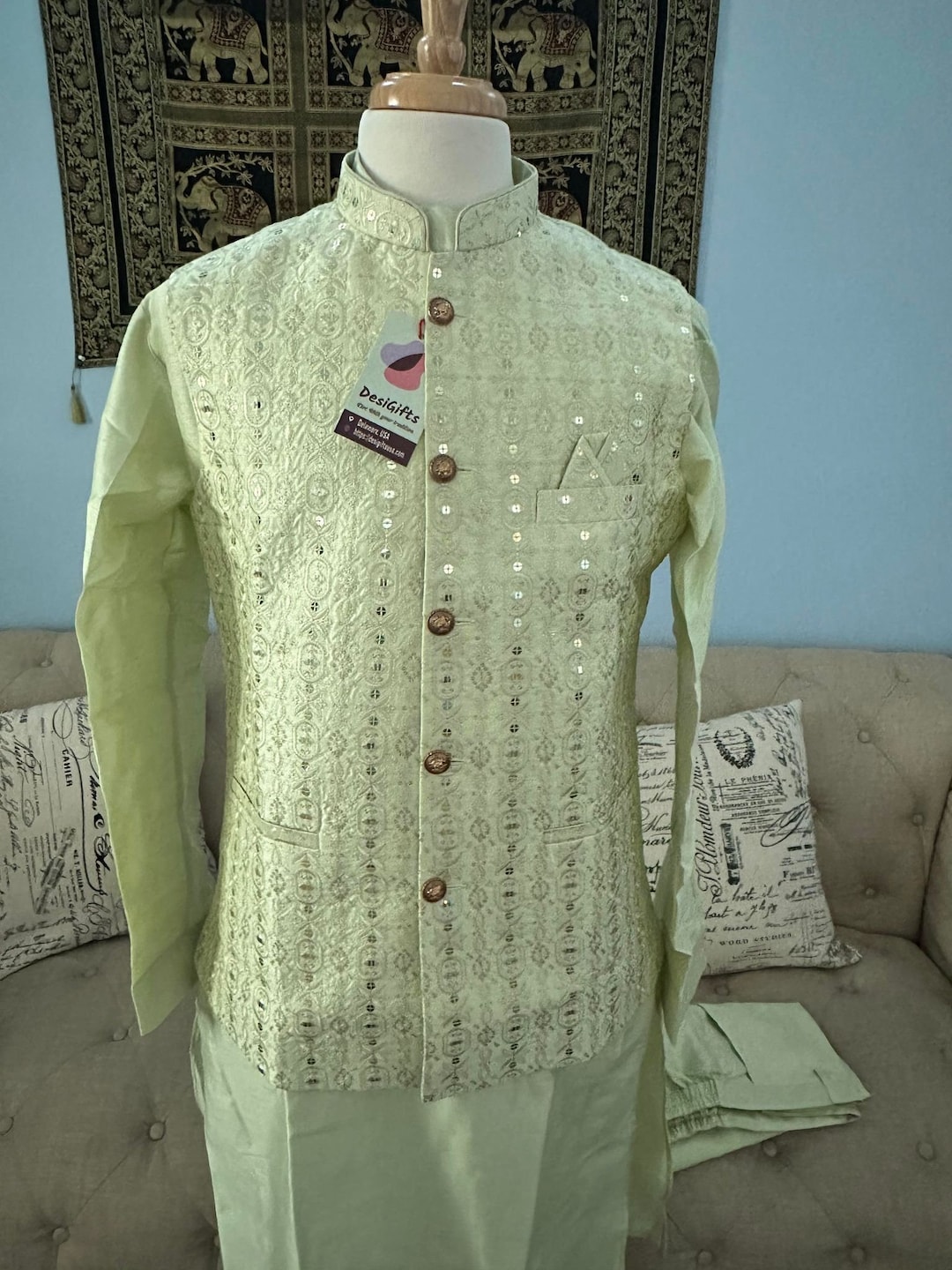 Serenity in Green Pista Green Kurta with White Pajama Ensemble - Rent main image 0