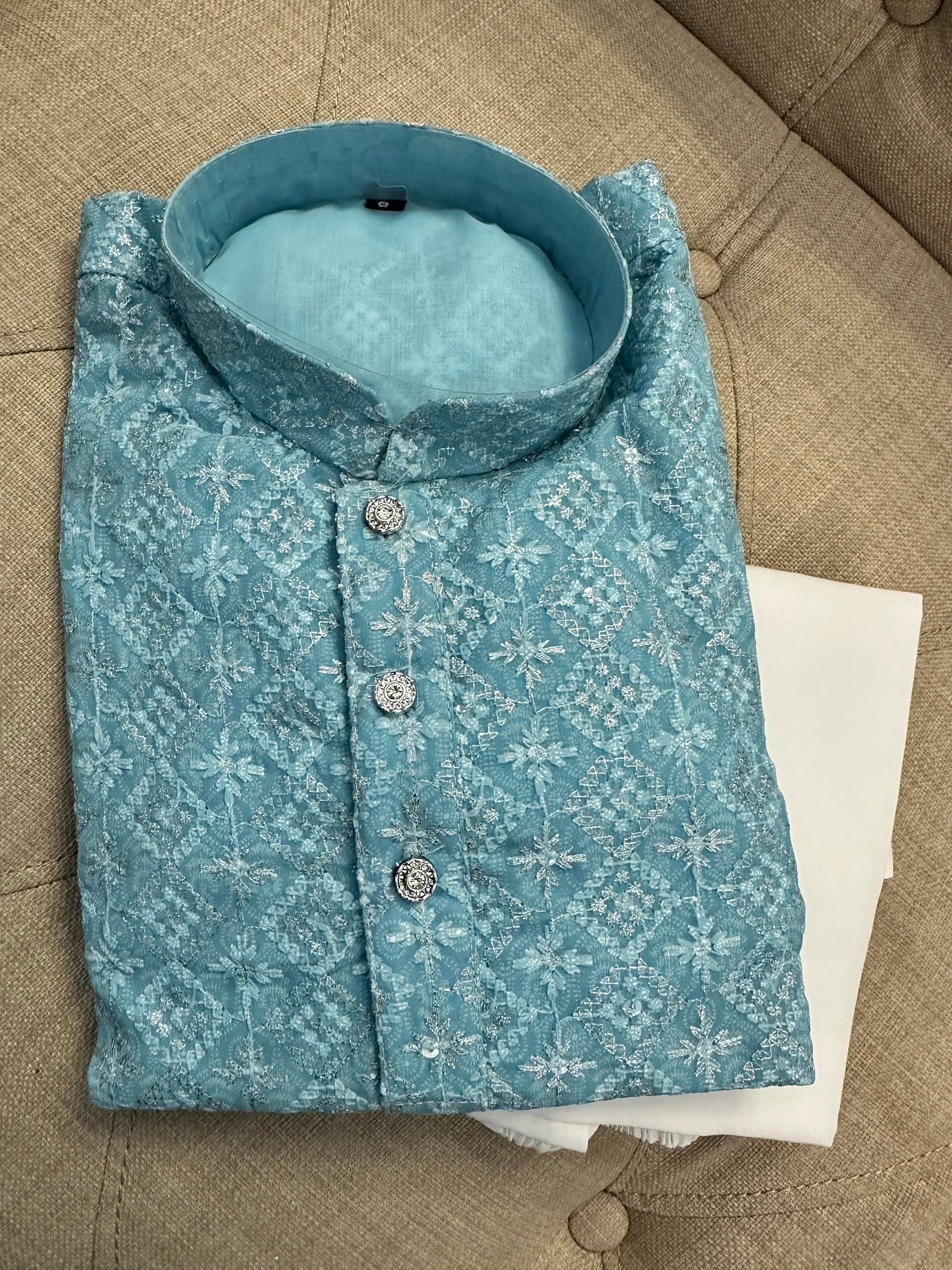 Boys Blue Cotton Blend Embroidered Straight Kurta With Payjama Set main image 0
