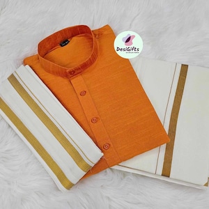 Orange South Indian Mans Silk Kurta Dhoti With Mundu, 3 Piece Set Kurta Pajama Set)- Design-MRN-1174