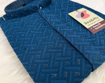 Beautiful Sequins Work Chikankari Rayon 2 Piece Kurta Pajama Set for Man in Sea Blue Shade, KP - 1691