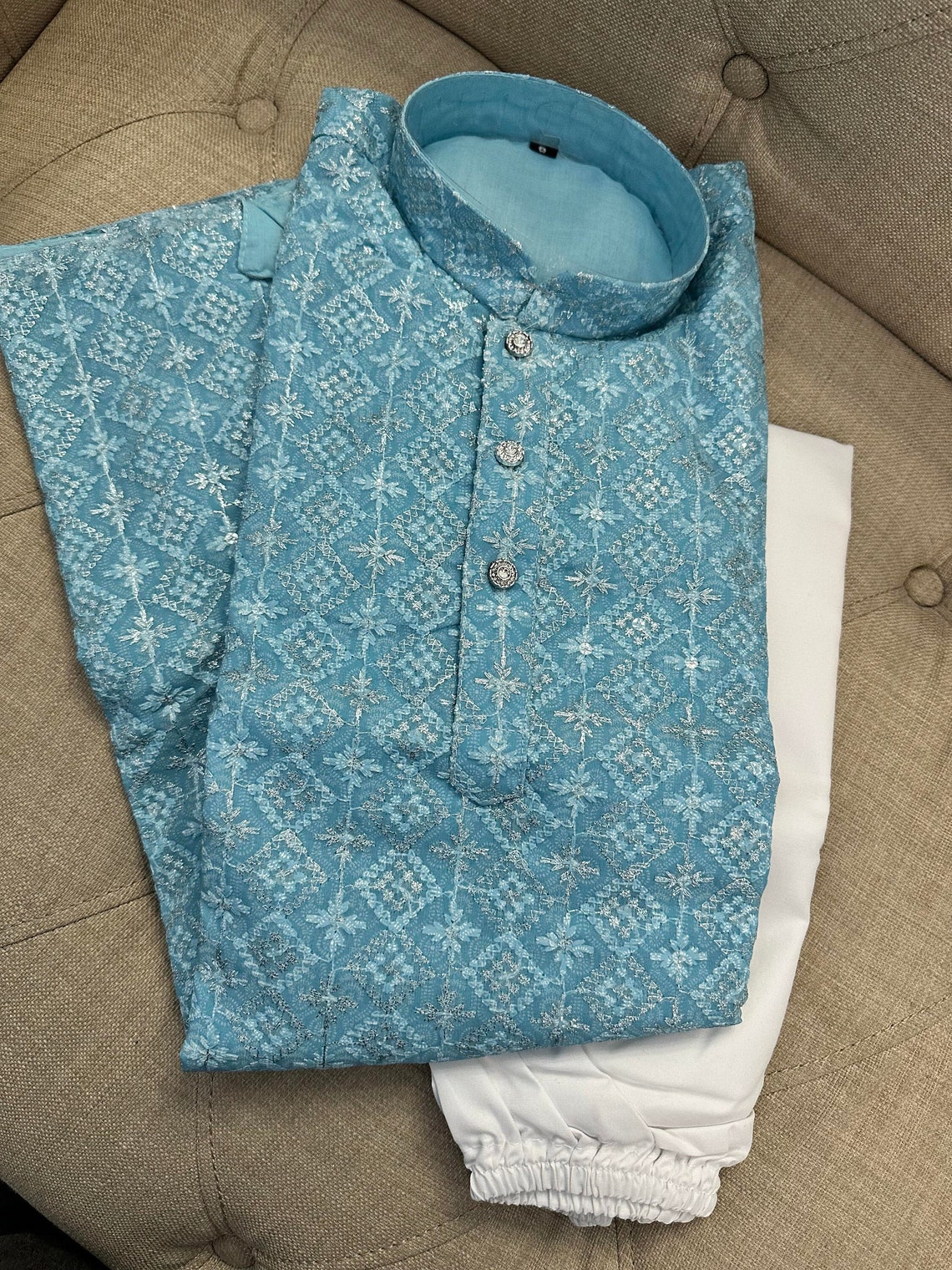 Sky Blue Kurta Pajama Linen Silk main image 0