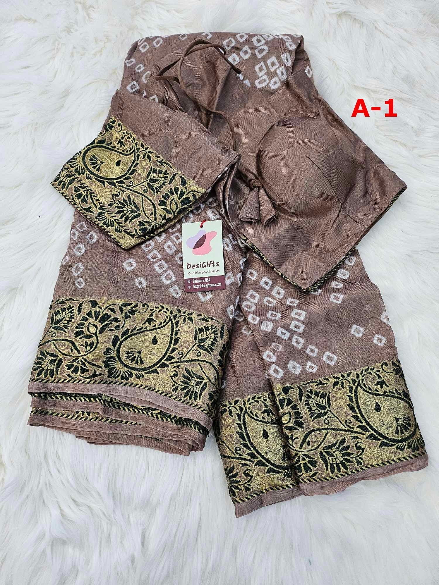 Printed Bandhani Black saree in a silk-blend chiffon, includes blouse piece. Festive and party‑ready main image 1