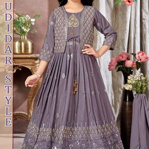 Classic Pastel Purple Dress with Jacket & Dupatta Set for Girl, Indian traditional Girl Dress, GRL - 1946