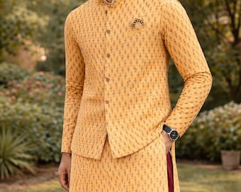 Yellow Kurta Pajama Set with Jacket | Designer Motif Ethnic Wear for Indian Weddings & Festivals | Premium Silk 3-Piece Outfit | KPJ-2057