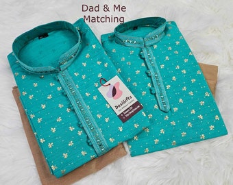 Plus Size, Bright Teal Shade 2 Piece Kurta Pajama Set with Golden Print, Father & Son's Outfit, DM -1139