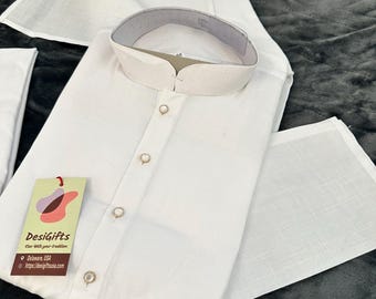 Simple White Cotton Kurta Pajama Set for Man, Pleasing White Indian Outfit for Men,  Design- WHT 1416