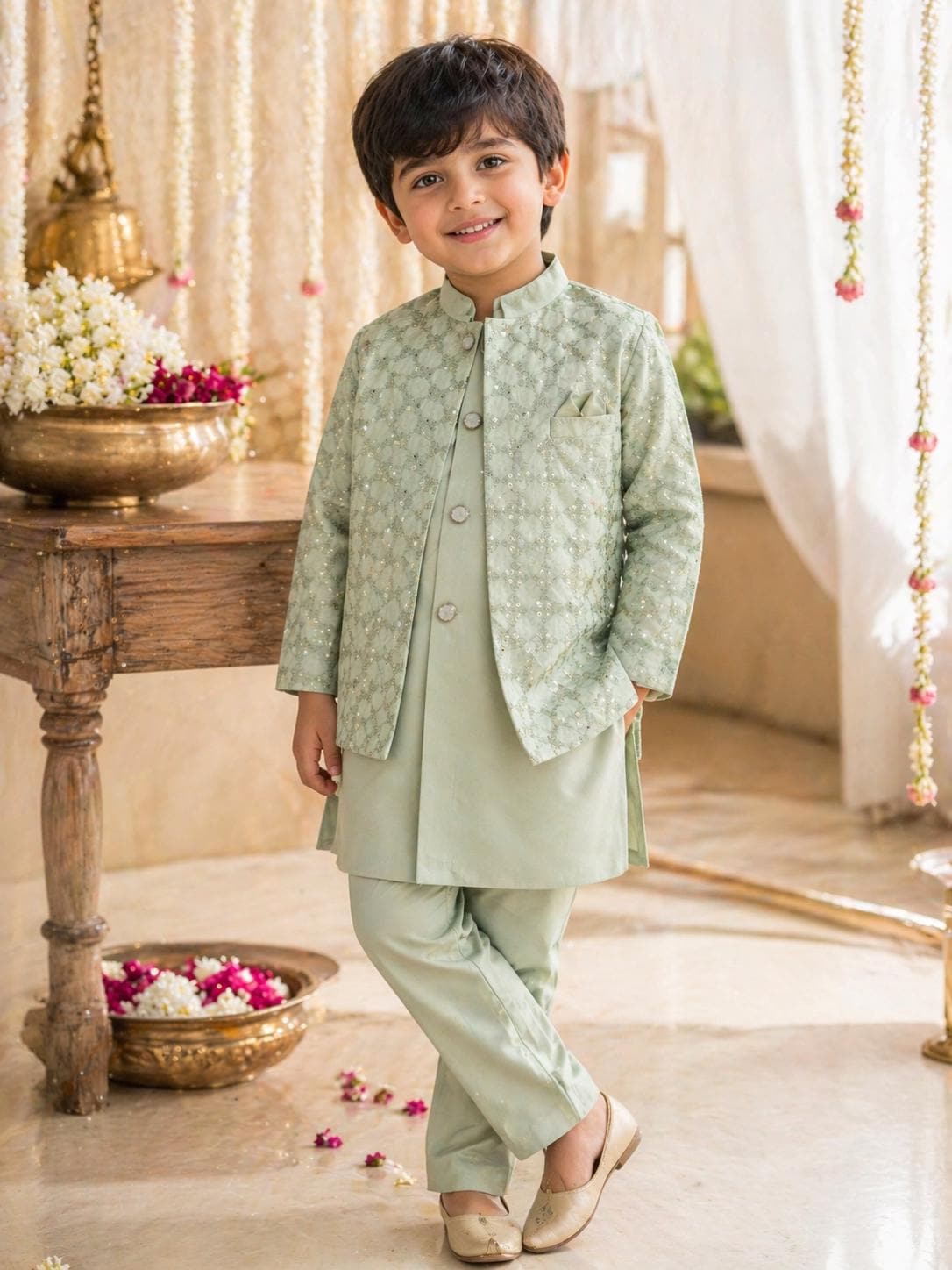Boy's Green Shade Cotton Silk 3 Piece Indo Western Outfit, Embroidered Sequins Long Jacket with Pant, Boy's Sherwani Dress - B-2075