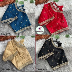May include: Four different colored silk blouses with gold embroidery and trim. The blouses are all the same style with a V-neck and short sleeves. The colors are teal, red, beige, and black. The text "BIG SIZE" is visible in the image.
