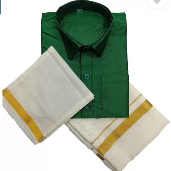 South Indian Kids Dhoti & Shirt With Mundu, 3 Piece Set- Design# B-GRN-994