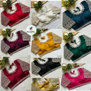 May include: A collection of ten different colored silk blouses with silver embroidery. The blouses have short sleeves and a round neckline. The colors include red, white, maroon, wine, black, green, blue, yellow, and pink.