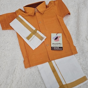 South Indian Kids Dhoti & Shirt With Mundu, 3 Piece Set- Design# B-Yel-897