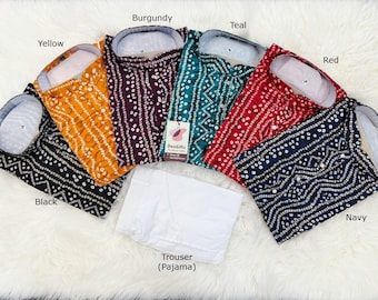 Bandhani Style Cotton  Silk Kurta Pant Set for festive or Auspicious Occasion-KPS- 1420N