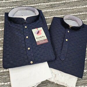 Navy Shade Jacquard Silk 2 Piece Kurta Pajama Set, Father & Son's Outfit, DM -1305