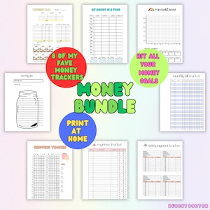 Puede incluir: Un paquete de ocho trackers financieros imprimibles, que incluye un plan de pago, un tarro de ahorros, un tracker de compras, un tracker de gastos, un tracker de pago de deudas, un tracker de facturas mensuales, un tracker de puntuación de crédito y un tracker de dinero en un año. El paquete está diseñado para ayudar a las personas a administrar sus finanzas y alcanzar sus objetivos financieros. El texto en la imagen dice "8 de mis trackers de dinero favoritos", "Paquete de dinero", "Imprime en casa" y "Doctor de presupuesto".