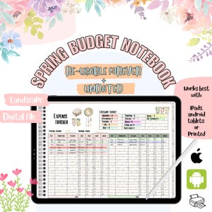 Puede incluir: Un cuaderno de presupuesto digital con un tema primaveral. El cuaderno se muestra en la pantalla de una tableta y presenta un diseño floral con un esquema de color rosa y verde. El cuaderno incluye una sección para el seguimiento de gastos y una sección para el seguimiento de ingresos. El texto "SPRING BUDGET NOTEBOOK" se muestra en una fuente grande en la parte superior del cuaderno.