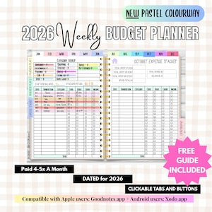 May include: A 2026 weekly budget planner with a pastel color scheme. The planner includes sections for tracking expenses, income, and savings. It features clickable tabs and buttons, and is compatible with Goodnotes and Xodo apps. The planner includes a free guide.