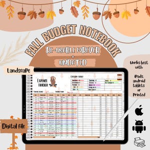 Könnte beinhalten: Ein digitaler, druckbarer Budget-Notizblock mit Herbstthema. Der Notizblock ist für die Verwendung mit iPads, Android-Tablets oder zum Ausdrucken konzipiert. Das Cover zeigt eine Cartoon-Illustration einer Frau, die einen braunen Pullover und ein Stirnband mit Herbstblättern trägt. Der Notizblock enthält einen Abschnitt mit Kategorie-Summen und einen Ausgaben-Tracker mit Spalten für Datum, Transaktion, Kategorie, Kosten, Bargeld, Lastschrift, Gutschrift, Einkommen und Notizen.