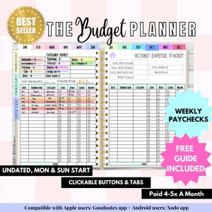 May include: A spiral-bound budget planner with a gold cover and tabs. The planner includes sections for tracking expenses, income, and category totals. Text includes "The Budget Planner," "October Expense Tracker," and "Weekly Paychecks."