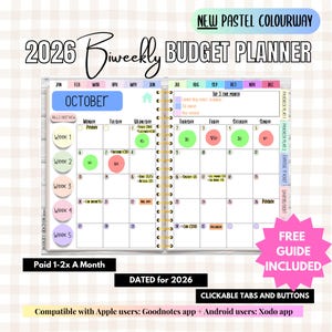 Peut inclure: Un planificateur budgétaire bimensuel 2026 aux couleurs pastel. Le planificateur comprend un calendrier pour octobre, avec des sections pour les factures, les dépenses et l'épargne. Compatible avec les applications Goodnotes et Xodo.