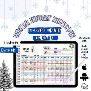 Puede incluir: Un cuaderno de presupuesto de invierno digital en orientación horizontal. El cuaderno está abierto en la pantalla de una tableta y muestra una página con un rastreador de gastos y totales de categorías. El cuaderno está diseñado para ser reutilizable y sin fecha. El texto "WINTER BUDGET NOTEBOOK" está escrito en una fuente grande y decorativa.