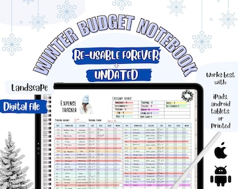 May include: A digital winter budget notebook with a landscape orientation. The notebook is open on a tablet screen and shows a page with a budget tracker and category totals. The notebook is designed to be reusable and undated. The text "WINTER BUDGET NOTEBOOK" is written in a large, decorative font.