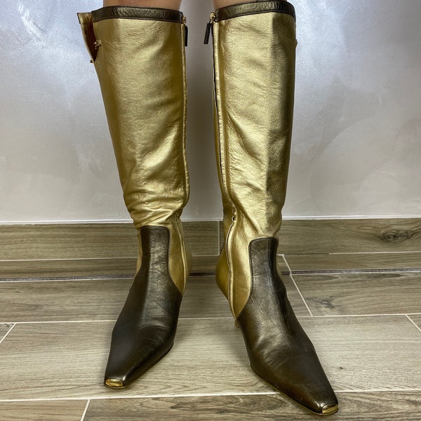 GUCCI by Tom Ford FW 2000 Two Tone Gold & Bronze Boots Heel Knee High Rare 38C