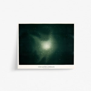 印刷可能なアンティーク天体アート作品 | EL Trouvelot による古いアートプリント、「ヘラクレス座の星団」星座付きアンティーク天文学プリント
