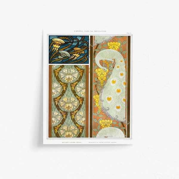 Peacock Motif Antique Arts & Crafts Style Printable Wall Art Nouveau Design | Victorian Craftsman Decor Print by Maurice Pillard Verneuil