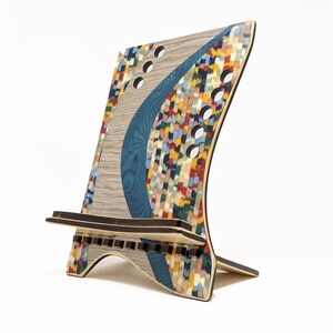 Rainbow Pointillism Wood Marquetry Inlaid iPad Stand Wood Tablet Stand Bamboo iPad Stand Wood Tablet Stand Bamboo art deco gift