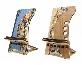 Rainbow Pointillism Wood Marquetry Inlaid Phone Stand Wood Phone Stand Bamboo Phone Stand Wood Cell Phone Stand art deco gift