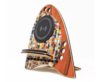 Rainbow Pointillism Wireless charging station wood docking station iphone charger Qi charger Inlaid Phone holder marquetry iphone holder