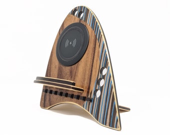 Blue Wireless charging station wood docking station iphone charger Qi charger Inlaid Phone holder marquetry iphone holder wood charging dock