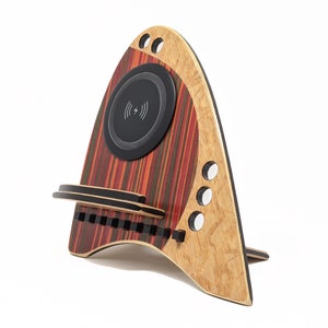 Red Wireless charging station wood docking station iphone charger Qi charger Inlaid Phone holder marquetry iphone holder wood charging dock