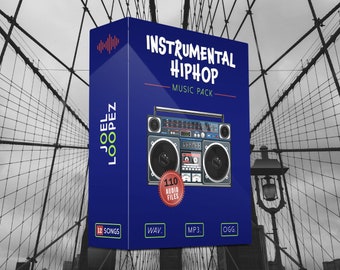 May include: A blue box with the text "Instrumental Hiphop Music Pack" and a retro boombox graphic. The box also includes the text "Joel Loopez" and "110 Audio Files".
