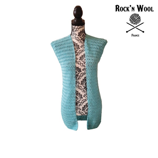 Gilet long sans manches au crochet Sonya bleu Taille XS