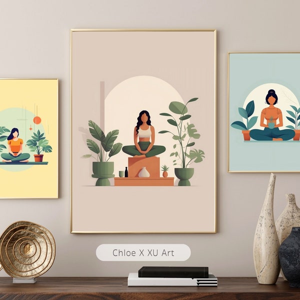 Wall art set of 3, Yoga Wall Art, Yoga Poster, Yoga Art Print, Digital Print, Illustration, Art Print, Plants, Yoga Studio Decor, Self Love