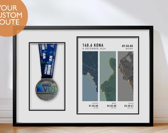 Triathlon Medal Display Frame, Black 30x40cm Frame for Ironman Medal with Custom Course Map, Ironman Gift, Suits Any Run or Race Medal