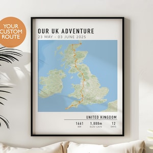 May include: Framed print featuring a map of the United Kingdom with a highlighted route. The text "OUR UK ADVENTURE" and dates are displayed at the top. The bottom includes the text "UNITED KINGDOM" and statistics: 1661 KM, 1.888m ELEV GAIN, and 12 DAYS.