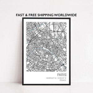 Plan de la ville de Paris, carte minimaliste, impression de Paris, affiche de Paris, art de Paris, impression de carte de Paris moderne, carte de Paris, carte de Paris France, décoration de Paris