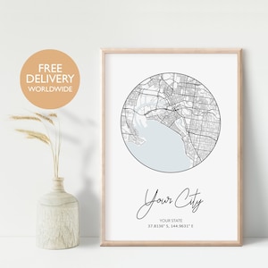 Impressão personalizada de cidade, impressão de cidade circular, impressão de cidade principal, mapa de coordenadas, impressão de mapa, impressão de paisagem, decoração de parede, decoração de parede, arte de parede, tela