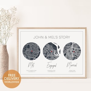 Mapa de la cronología de nuestra historia: Conocido, comprometido, casado, regalo de aniversario en papel, regalo para el esposo, regalo para la pareja, regalo de bodas, aniversario, arte