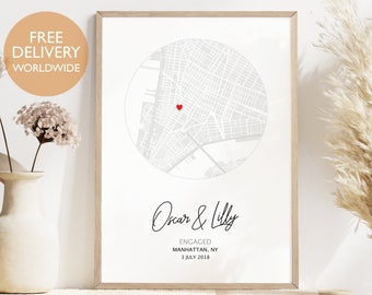 Gepersonaliseerd verlovingscadeau voor stel - Digitaal, verlovingsprint, gepersonaliseerd cadeau, kaart locatie print, cadeau verloofde, uniek cadeau, decor