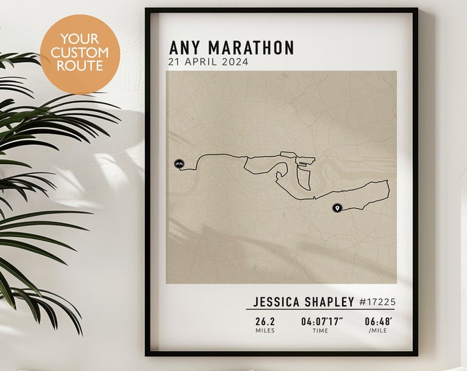 Affiche de carte de marathon, carte d'itinéraire de course personnalisée, carte Strava ou GPX My Run, impression de carte d'itinéraire de marathon personnalisée, cadeau pour carte de coureur, cadeau de coureur