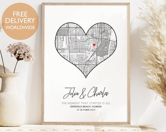 Anniversary Gift For Couple, One Year Anniversary Map Print, Anniversary Heart Print, Paper Anniversary Gift, Personalized Anniversary Gift