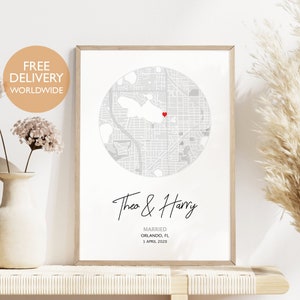 Impressão de mapa de casamento, mapa de casamento personalizado, presente de casamento, impressão de mapa de casamento, presente de casamento para ela, impressão de mapa circular, decoração de parede, presente de mapa