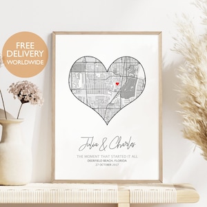 Regalo di anniversario per coppia, stampa della mappa del primo anniversario, stampa del cuore dell'anniversario, regalo di anniversario in carta, regalo di anniversario personalizzato